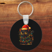 Cat Black Christmas Tree Lights Funny Santa Kitten キーホルダー (正面)