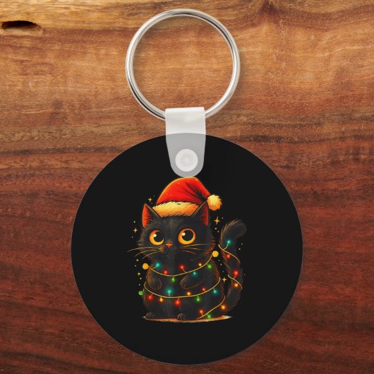 Cat Black Christmas Tree Lights Funny Santa Kitten キーホルダー (正面)