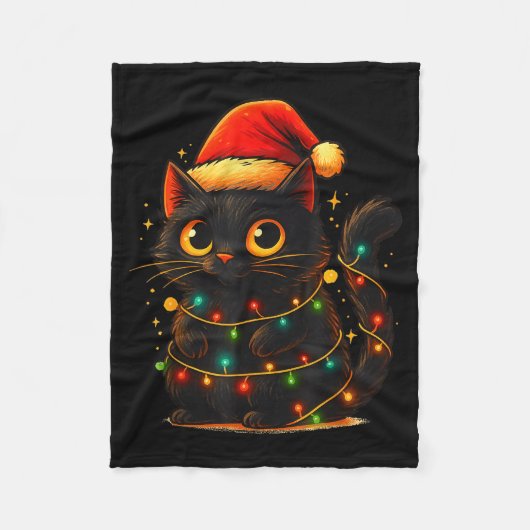 Cat Black Christmas Tree Lights Funny Santa Kitten フリースブランケット (正面)