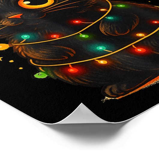 Cat Black Christmas Tree Lights Funny Santa Kitten ポスター (角)