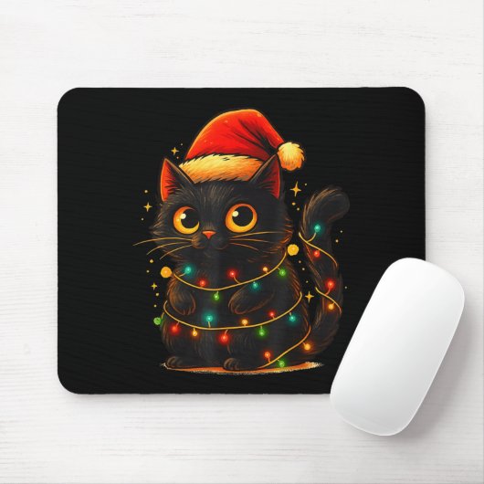 Cat Black Christmas Tree Lights Funny Santa Kitten マウスパッド (マウス)