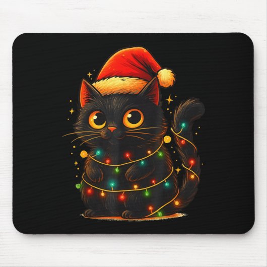 Cat Black Christmas Tree Lights Funny Santa Kitten マウスパッド (正面)