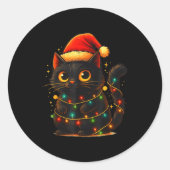 Cat Black Christmas Tree Lights Funny Santa Kitten ラウンドシール (正面)