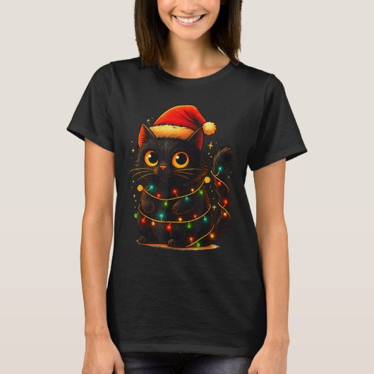 Cat Black Christmas Tree Lights Funny Santa Kitten Tシャツ (正面)