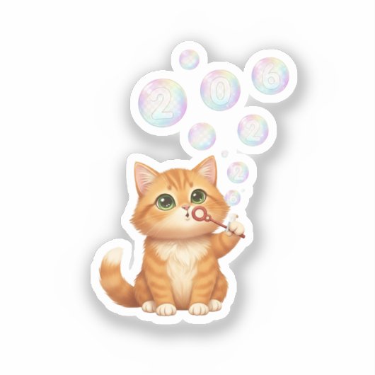 Cat Blowing Shiny Bubbles New Year 2026 シール (正面)