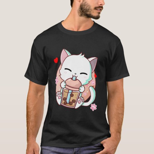 Cat Boba Tea Bubble Tea Kawaii Anime Japanese Neko Tシャツ (正面)