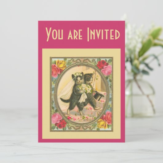 Cat Bride and Groom Wedding Invitation pink yellow 招待状 (スタンド正面)