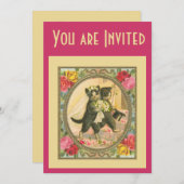 Cat Bride and Groom Wedding Invitation pink yellow 招待状 (正面/裏面)