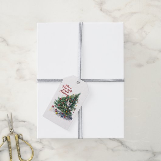 Cat Chaos Christmas Tree Design Watercolor ギフトタグ (より糸付き)