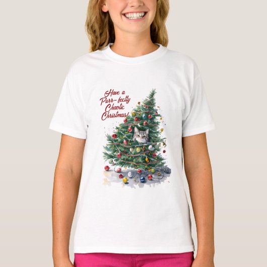 Cat Chaos Christmas Tree Design Watercolor Tシャツ (正面)