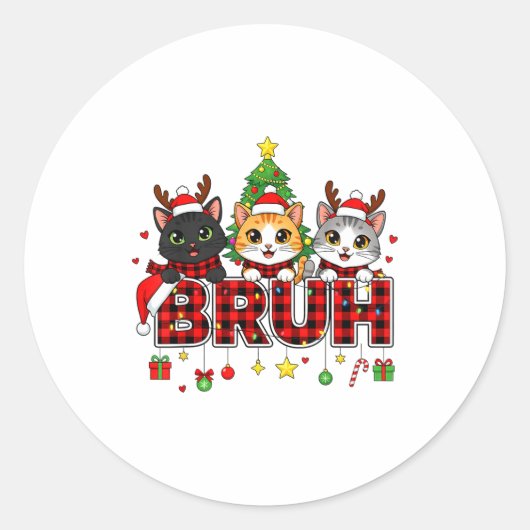Cat Christmas Light Reindeer Santa Bruh Funny  ラウンドシール (正面)