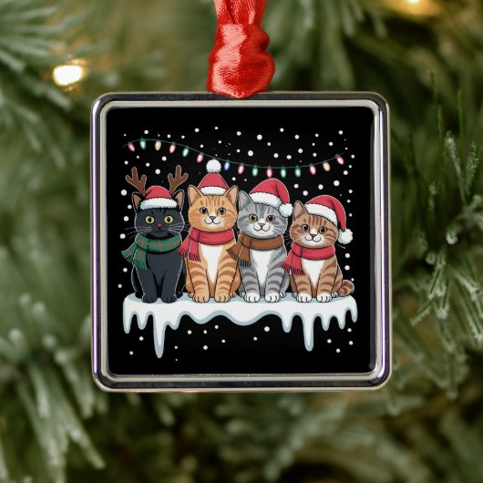 Cat Christmas Light Reindeer Santa Cat Lover メタルオーナメント (ツリー)