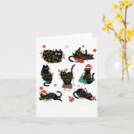 Cat Christmas Light Reindeer Santa Christmas Cat L カード (黄色い花)