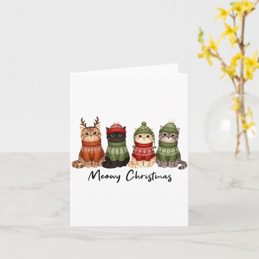 Cat Christmas Light Reindeer Santa Meowy Christmas カード (黄色い花)