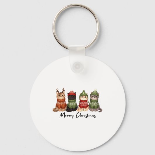 Cat Christmas Light Reindeer Santa Meowy Christmas キーホルダー (正面)