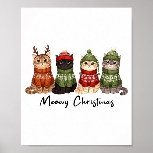 Cat Christmas Light Reindeer Santa Meowy Christmas ポスター (正面)