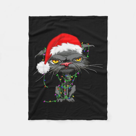 Cat Christmas Lights Bored Cat Santa Hat Funny Cat フリースブランケット (正面)
