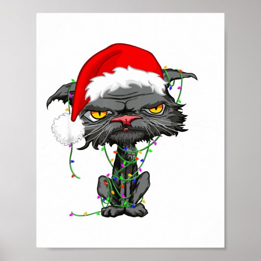 Cat Christmas Lights Bored Cat Santa Hat Funny Cat ポスター (正面)