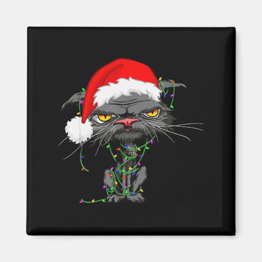 Cat Christmas Lights Bored Cat Santa Hat Funny Cat マグネット (正面)