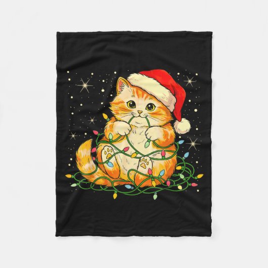 Cat Christmas Lights Santa Hat Xmas Cats Lover Pet フリースブランケット (正面)