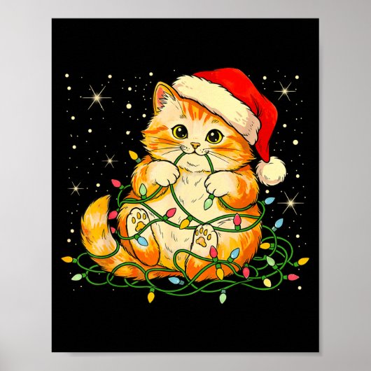 Cat Christmas Lights Santa Hat Xmas Cats Lover Pet ポスター (正面)