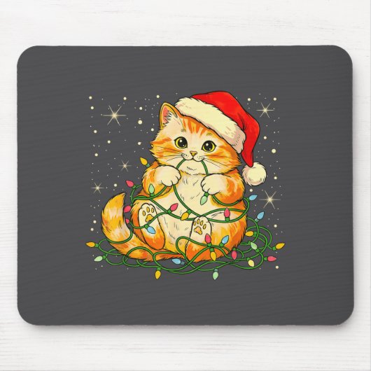 Cat Christmas Lights Santa Hat Xmas Cats Lover Pet マウスパッド (正面)