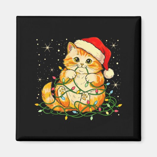 Cat Christmas Lights Santa Hat Xmas Cats Lover Pet マグネット (正面)
