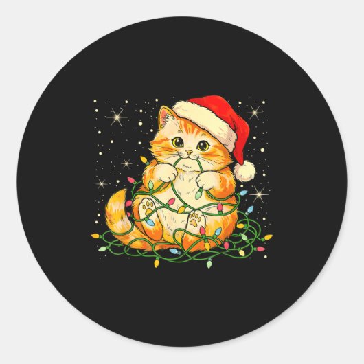 Cat Christmas Lights Santa Hat Xmas Cats Lover Pet ラウンドシール (正面)