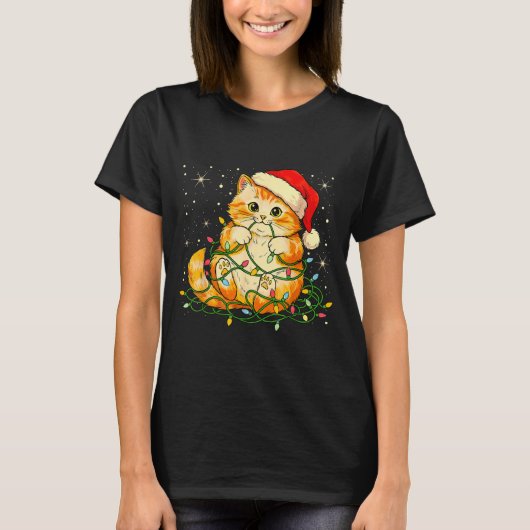 Cat Christmas Lights Santa Hat Xmas Cats Lover Pet Tシャツ (正面)
