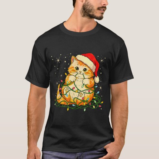 Cat Christmas Lights Santa Hat Xmas Cats Lover Pet Tシャツ (正面)