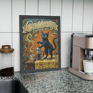 Cat Coffee Lovers Wall Art Print Poster ポスター