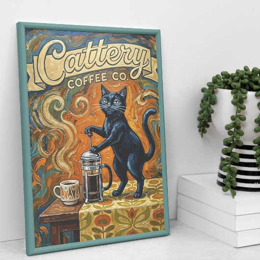 Cat Coffee Lovers Wall Art Print Poster ポスター