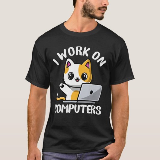 Cat Computer Laptopおもしろい IがコンピュータHumoで動作 Tシャツ (正面)