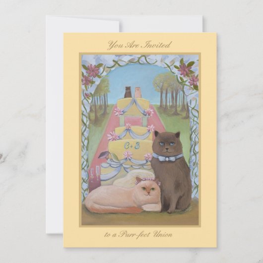 Cat Couple Yellow Wedding 招待状 (正面)
