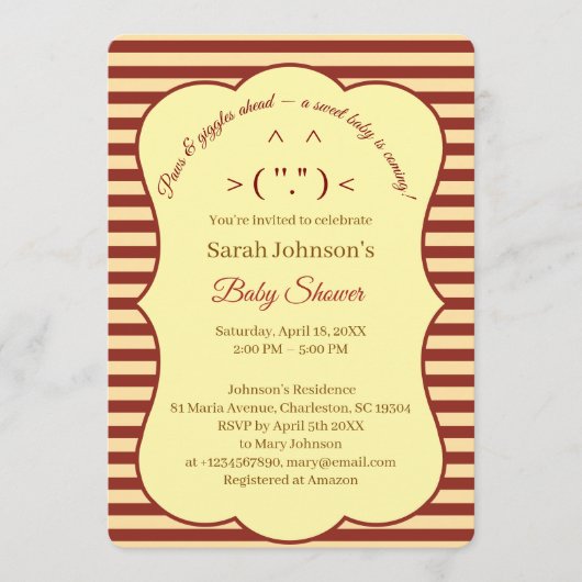 Cat Cream Burgundy Stripes Baby Shower  招待状 (正面)