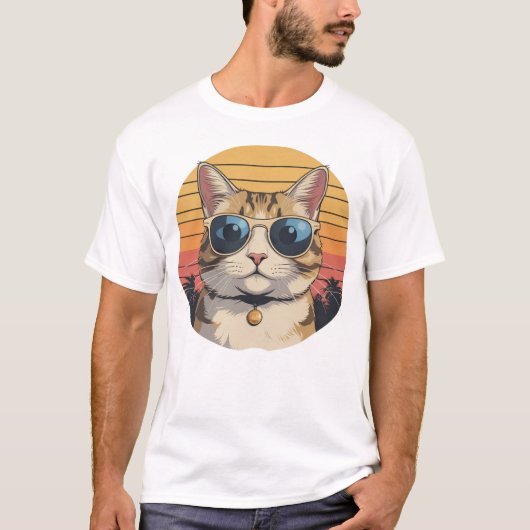 Cat Daddy Sunglasses Sunset Retro Fur Dad Papa Tシャツ (正面)