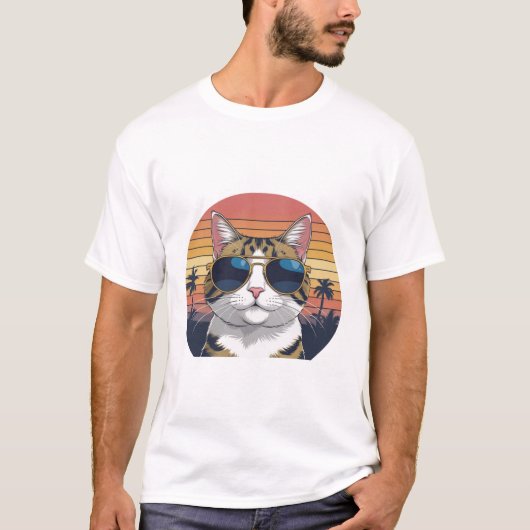 Cat Daddy Sunglasses Sunset Retro Fur Dad Papa Tシャツ (正面)