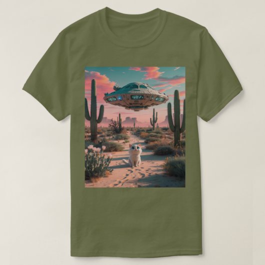 Cat Desert UFO疲労グリーンTシャツ Tシャツ (デザイン正面)