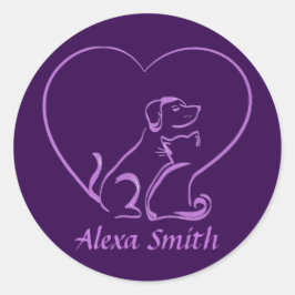 Cat, Dog and Love Line Art with Custom Name ラウンドシール