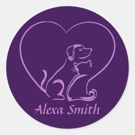 Cat, Dog and Love Line Art with Custom Name ラウンドシール (正面)