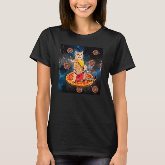 Cat Donut Riding Pizza Eating Ice Cream Galaxy Spa Tシャツ (正面)
