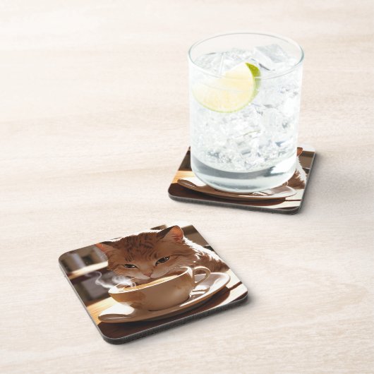 Cat drinking coffee from a cup コースター (右側)