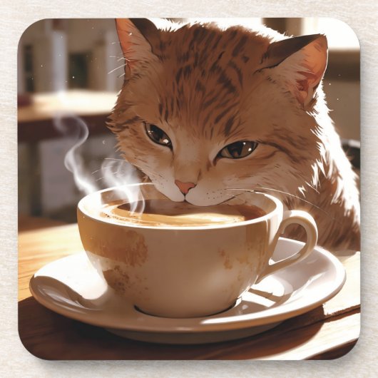 Cat drinking coffee from a cup コースター (正面)