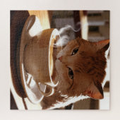 Cat drinking coffee from a cup ジグソーパズル (横)