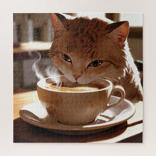 Cat drinking coffee from a cup ジグソーパズル (縦)