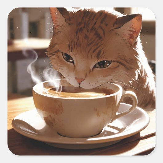 Cat drinking coffee from a cup スクエアシール (正面)