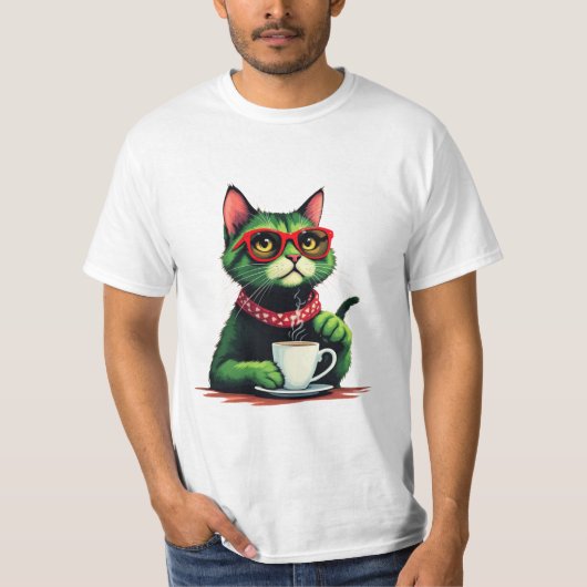 Cat drinking coffee T-shirt Tシャツ (正面)