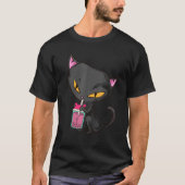 Cat drinking pink Boba Tea Tシャツ (正面)