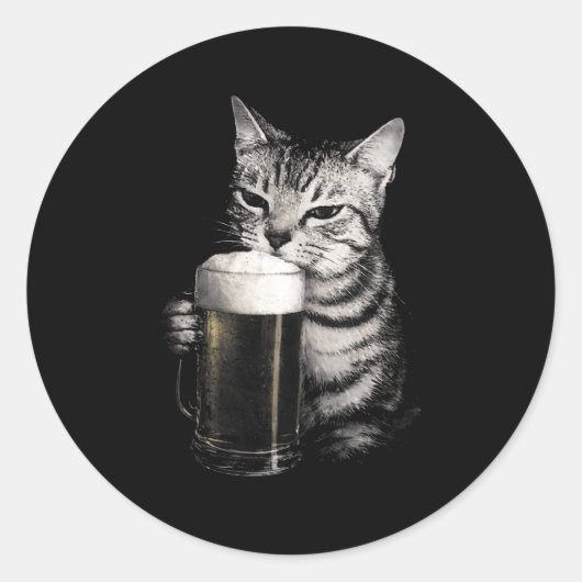 Cat drinks beer funny meme men women matching  ラウンドシール (正面)