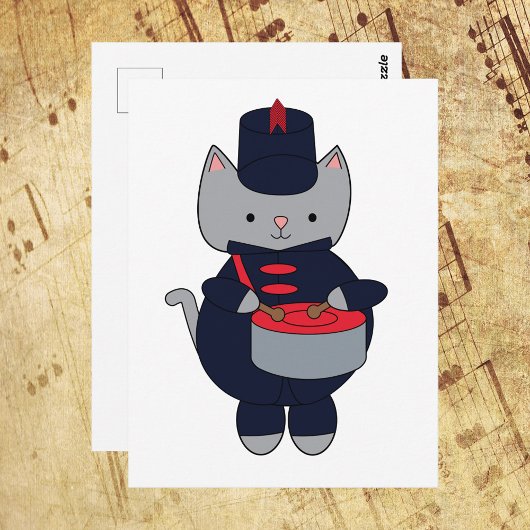 Cat Drummer Marching Band Navy Blue and Red ポストカード